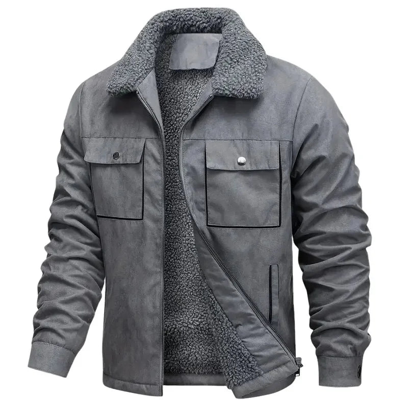 TACTYLON Men’s Winter Suede Jacket – Lamb Fur Lined Warm Casual Cotton Coat