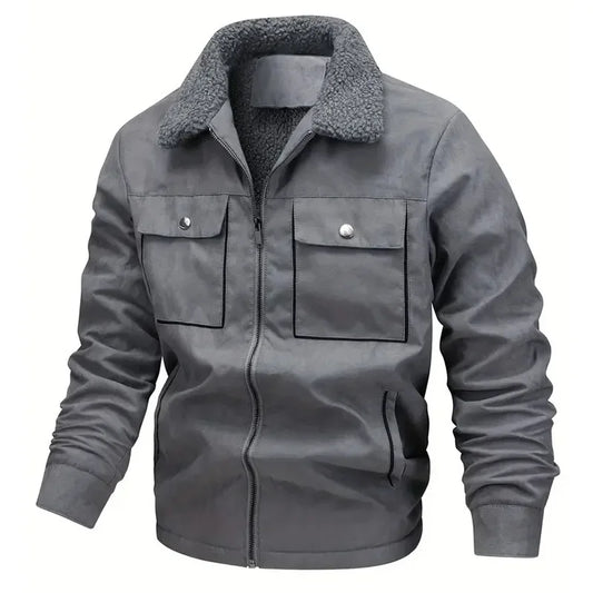 TACTYLON Men’s Winter Suede Jacket – Lamb Fur Lined Warm Casual Cotton Coat