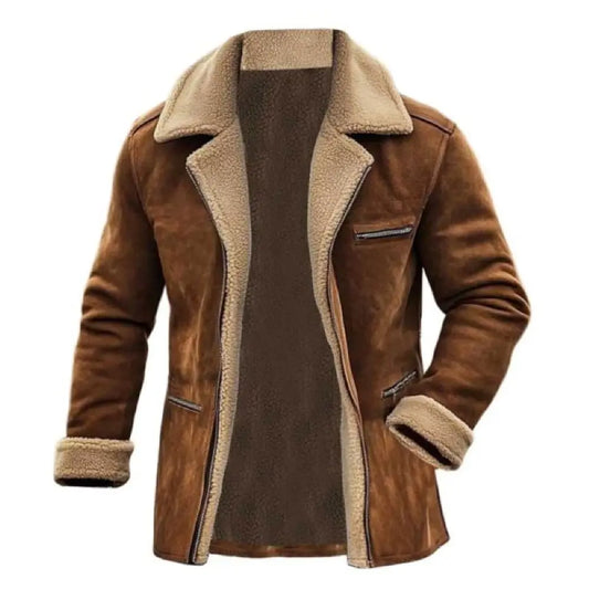 TACTYLON Men’s Vintage Suede Shearling Coat – Fleece Lined Mid-Length Wool Jacket with Zipper Pockets