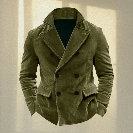 TACTYLON Men’s Corduroy Double-Breasted Suit Jacket – Stand Collar Business Casual Vintage Coat