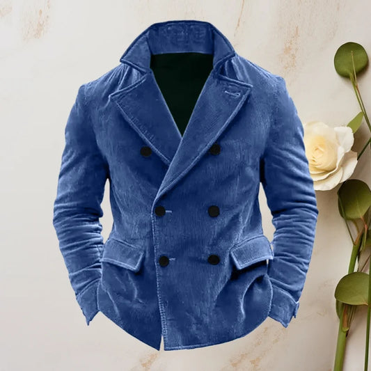 TACTYLON Men’s Corduroy Double-Breasted Suit Jacket – Stand Collar Business Casual Vintage Coat